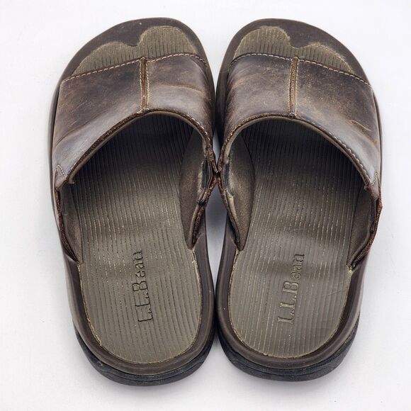 LL Bean Vintage Leather Vertigrip Slide Slip On Sandals Brown Men\'s Size 11